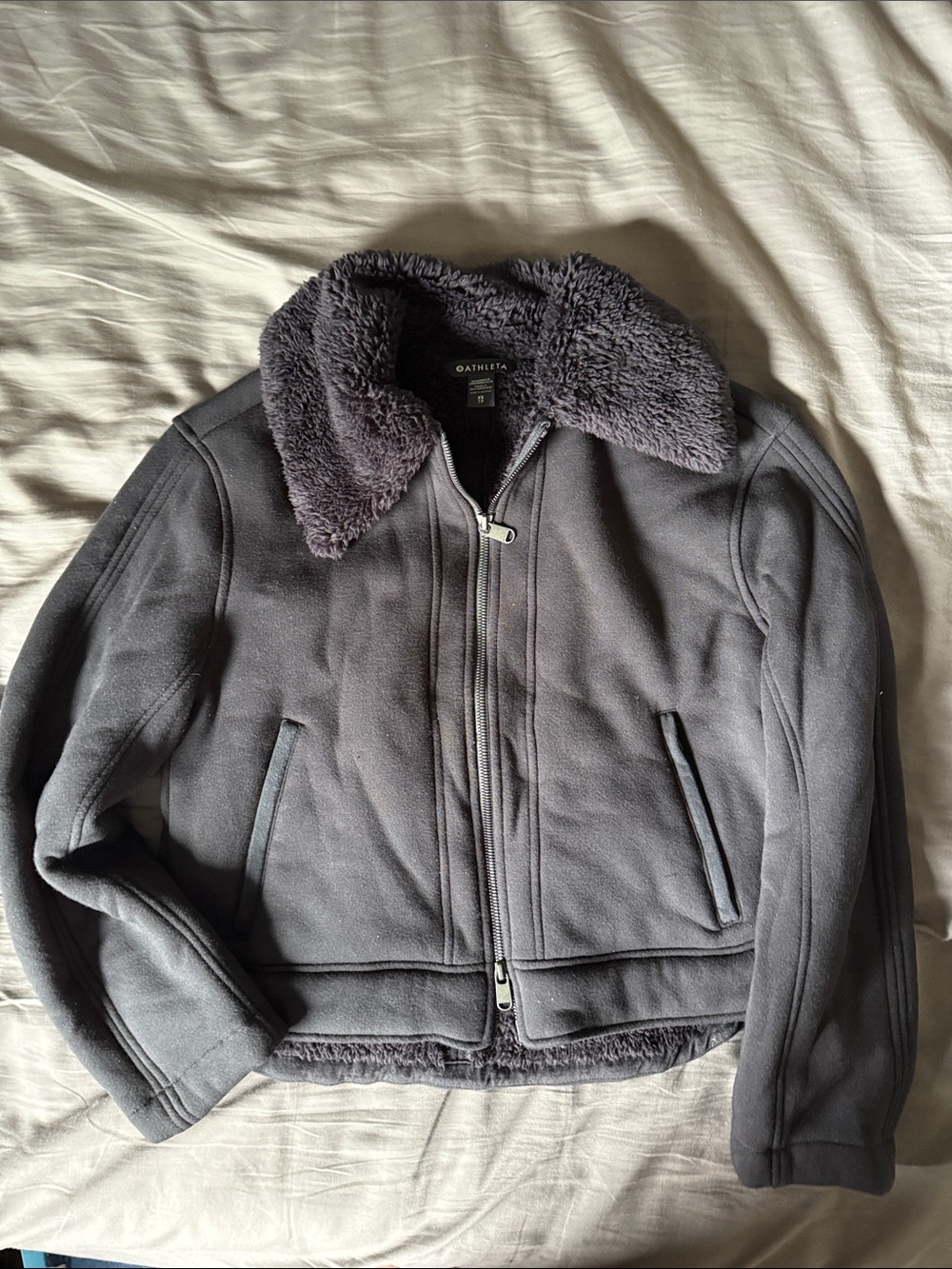 Athleta Gray Sherpa-Lined Zip Bomber Jacket